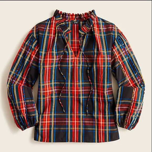 NWT J. Crew Scalloped Tie Neck Stewart Tartan Plaid Top Size XS - Picture 2 of 11